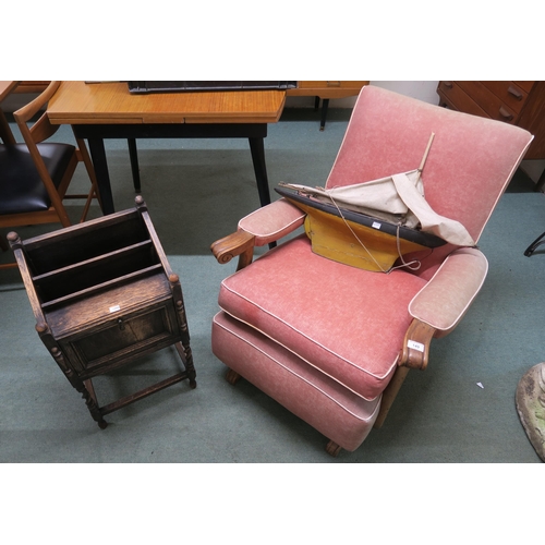 149 - A 20th century upholstered rocking chair, oak magazine rack and a model boat (3)