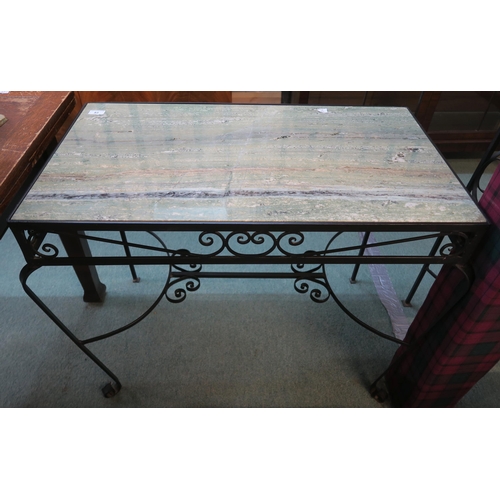 93 - A 20th century wrought iron and marble inset hall table, 72cm high x 85cm wide x 48cm deep and a sim... 