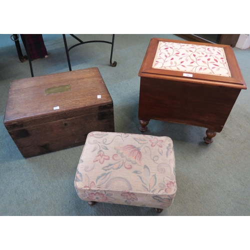 99 - An early 20th century commode, upholstered footstool and an oak box(3)