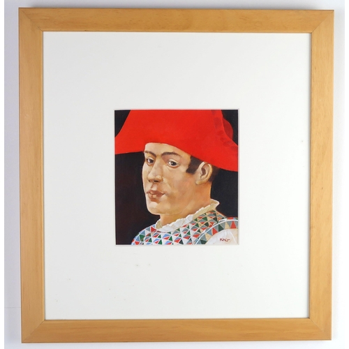 1002 - ALAN KING (SCOTTISH 1946-2013)RED HATTED TROUBADOUROil on panel, signed lower right, 15 x 13cm, (6 x... 