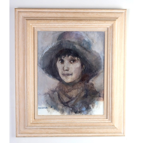 1003 - ANNE ANDERSON (SCOTTISH b.TRINIDAD) THE BLUE HAT Mixed media, signed lower left, 28 x 23cm (11 x 9”)... 