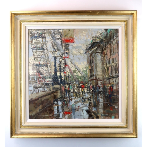 1004 - ROBERT E WELLS NEAC RBA (BRITISH CONTEMPORARY)LONDON EYE Oil on canvas, signed lower right, 39 x 39c... 