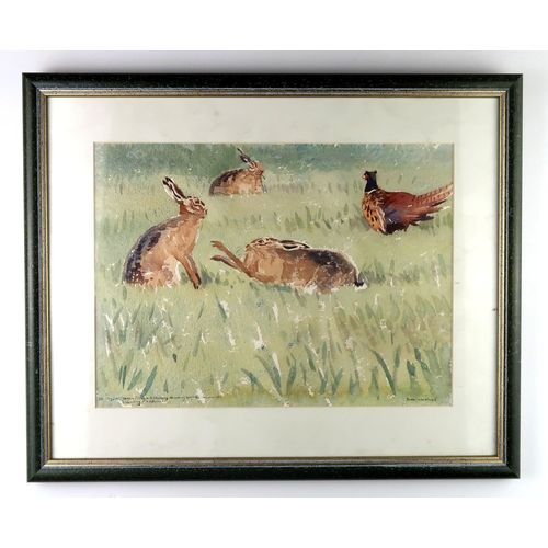 1019 - DARREN WOODHEAD SWLA (SCOTTISH CONTEMPORARY b.1971) HARES ON GRASSWatercolour on paper, signed lower... 