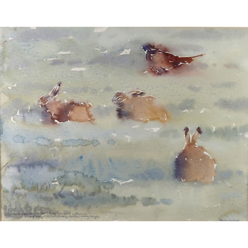 1020 - DARREN WOODHEAD SWLA (SCOTTISH CONTEMPORARY b.1971) HARES AND PHEASANTWatercolour on paper, signed l... 