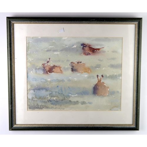 1020 - DARREN WOODHEAD SWLA (SCOTTISH CONTEMPORARY b.1971) HARES AND PHEASANTWatercolour on paper, signed l... 