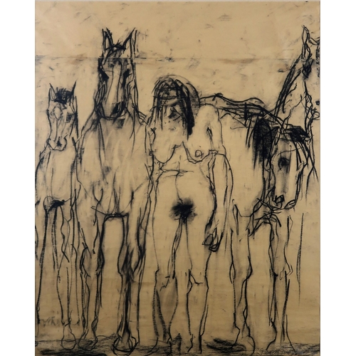 1023 - FRANCES RICHARDSON (BRITISH CONTEMPORARY) NUDE FIGURE WITH HORSESChalk and charcoal drawing on brown... 