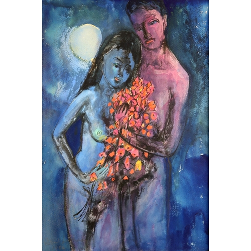 1057 - ROBERT LEISHMAN RSW (SCOTTISH 1915-1989) COUPLE WITH BOUQUET Watercolour, signed lower left, dated (... 