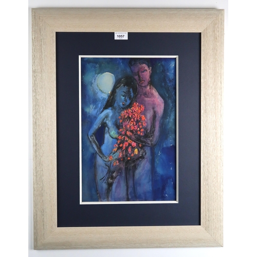 1057 - ROBERT LEISHMAN RSW (SCOTTISH 1915-1989) COUPLE WITH BOUQUET Watercolour, signed lower left, dated (... 