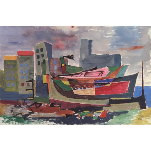 1069 - WILLIAM GEAR RA (SCOTTISH 1915-1997)BOATS AND BUILDINGS, PINK FIGURES Lithograph, signed, numbered (... 