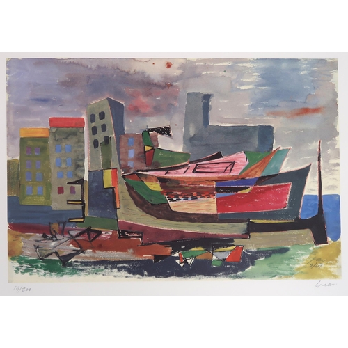 1069 - WILLIAM GEAR RA (SCOTTISH 1915-1997)BOATS AND BUILDINGS, PINK FIGURES Lithograph, signed, numbered (... 