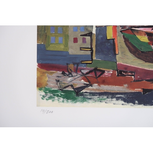 1069 - WILLIAM GEAR RA (SCOTTISH 1915-1997)BOATS AND BUILDINGS, PINK FIGURES Lithograph, signed, numbered (... 