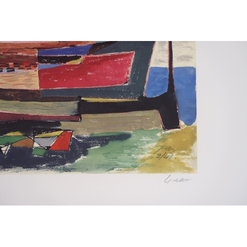 1069 - WILLIAM GEAR RA (SCOTTISH 1915-1997)BOATS AND BUILDINGS, PINK FIGURES Lithograph, signed, numbered (... 