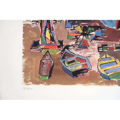 1070 - WILLIAM GEAR RA (SCOTTISH 1915-1997)HEAD GROUP, BOATS ON A BEACHLithograph, signed, numbered (19/200... 