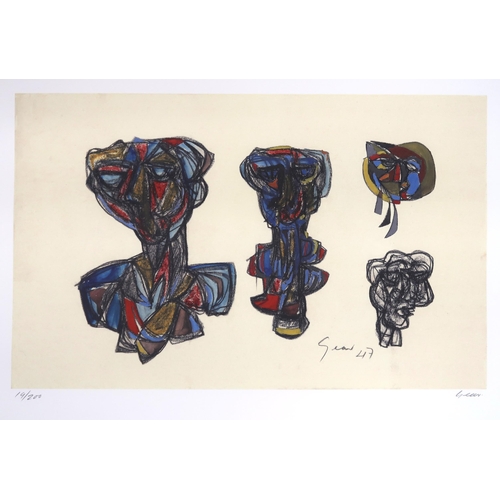 1070 - WILLIAM GEAR RA (SCOTTISH 1915-1997)HEAD GROUP, BOATS ON A BEACHLithograph, signed, numbered (19/200... 