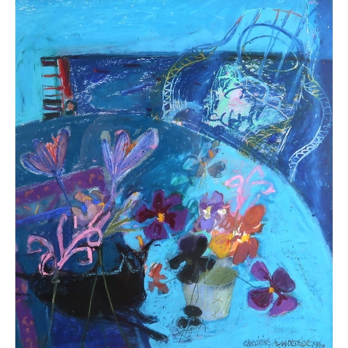 1073 - CHRISTINE A WOODSIDE RSW RGI (SCOTTISH b.1946)PANSIES & BLACK CAT Mixed media on paper, signed l... 