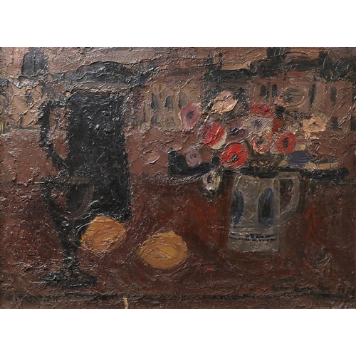 1074 - SCOTTISH SCHOOL STILL LIFE WITH JUG AND FLOWERSOil on panel, indistinctly signed and dated lowe... 