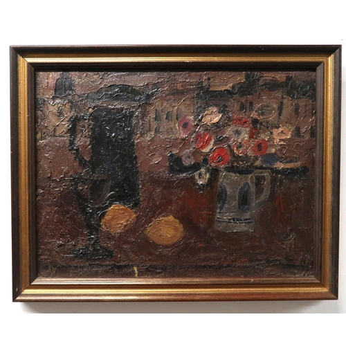 1074 - SCOTTISH SCHOOL STILL LIFE WITH JUG AND FLOWERSOil on panel, indistinctly signed and dated lowe... 