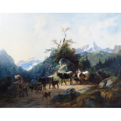 1119 - AUGUST GERASCH (AUSTRIAN 1822-1908)HERDING COWS IN AN ALPINE LANDSCAPEOil on panel board, signed, 44... 