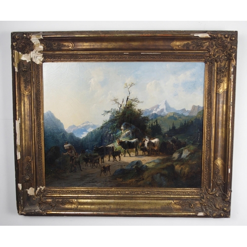 1119 - AUGUST GERASCH (AUSTRIAN 1822-1908)HERDING COWS IN AN ALPINE LANDSCAPEOil on panel board, signed, 44... 