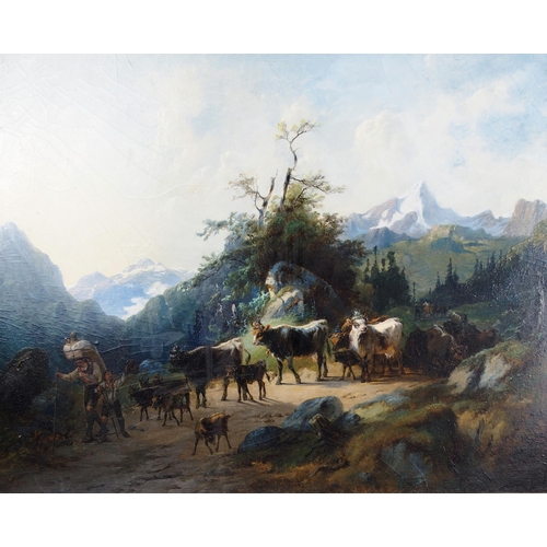 1119 - AUGUST GERASCH (AUSTRIAN 1822-1908)HERDING COWS IN AN ALPINE LANDSCAPEOil on panel board, signed, 44... 