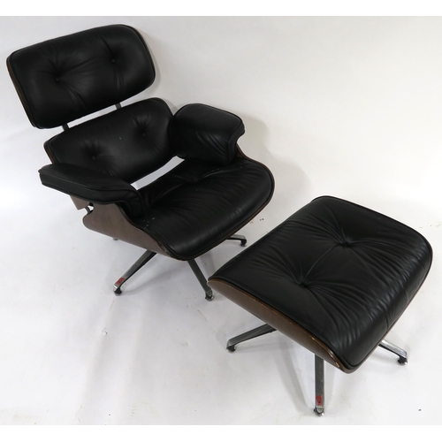 104 - A 20TH CENTURY REVOLVING LOUNGE CHAIR AND FOOTSTOOL IN THE STYLE OF CHARLES AND RAY EAMES FOR HERMAN... 