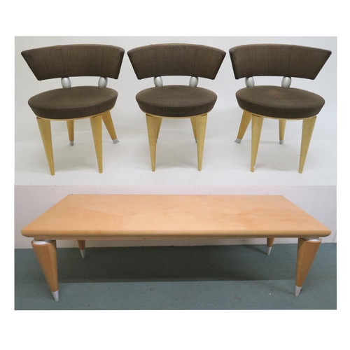 113 - A CONTEMPORARY MAPLE GIORGETTI CONUS TAURUS DINING TABLE AND EIGHT CHAIRS,  chairs with brown uphols... 