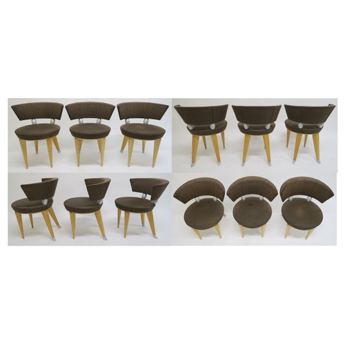 113 - A CONTEMPORARY MAPLE GIORGETTI CONUS TAURUS DINING TABLE AND EIGHT CHAIRS,  chairs with brown uphols... 