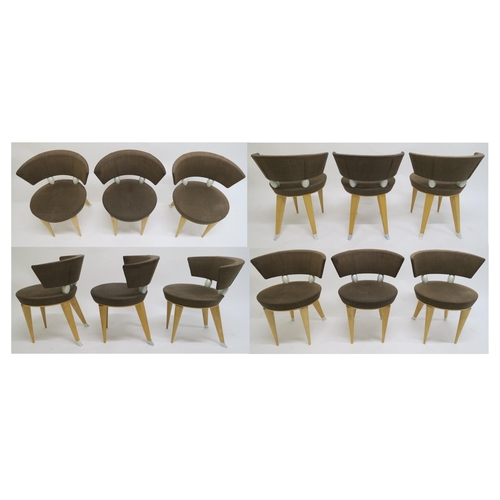 113 - A CONTEMPORARY MAPLE GIORGETTI CONUS TAURUS DINING TABLE AND EIGHT CHAIRS,  chairs with brown uphols... 