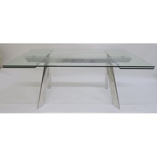 114 - A CONTEMPORARY ROCHE BOBOIS CHRONOS GLASS AND CHROME EXTENDING DINING TABLE,75cm high x 220cm long (... 