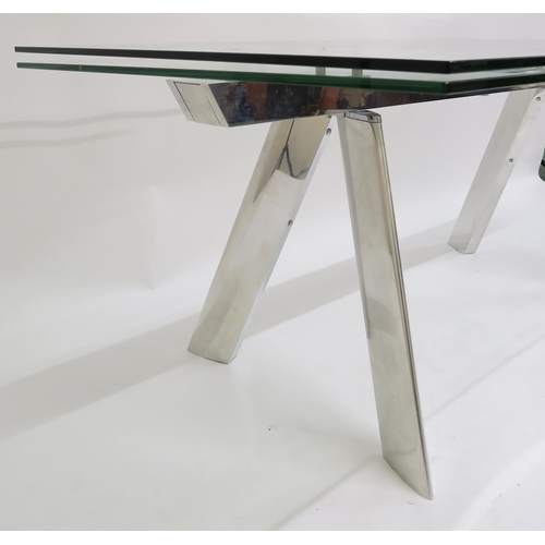 114 - A CONTEMPORARY ROCHE BOBOIS CHRONOS GLASS AND CHROME EXTENDING DINING TABLE,75cm high x 220cm long (... 