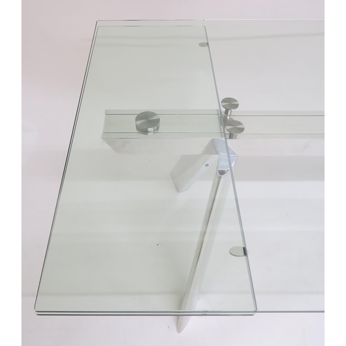 114 - A CONTEMPORARY ROCHE BOBOIS CHRONOS GLASS AND CHROME EXTENDING DINING TABLE,75cm high x 220cm long (... 