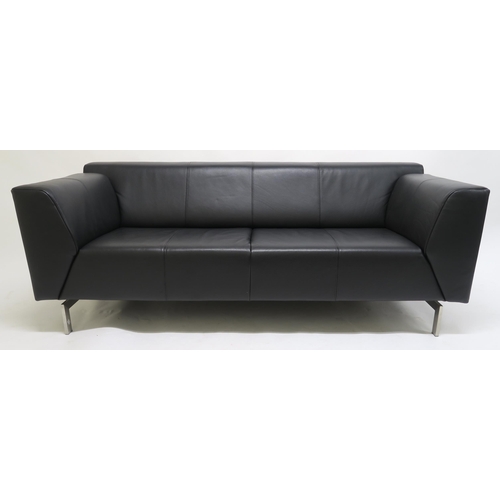 116 - A CONTEMPORAY ROLF BENZ BLACK LEATHER UPHOLSTERED SOFA,on brushed steel supports, 73cm high x 195cm ... 