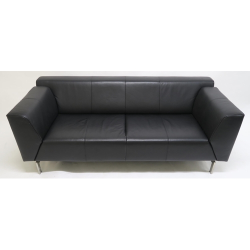 116 - A CONTEMPORAY ROLF BENZ BLACK LEATHER UPHOLSTERED SOFA,on brushed steel supports, 73cm high x 195cm ... 