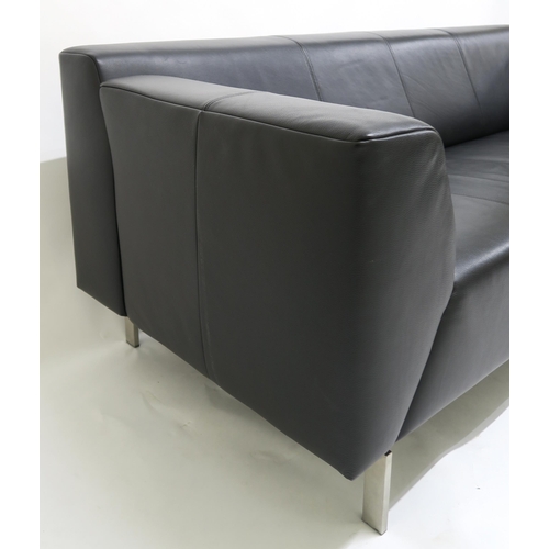 116 - A CONTEMPORAY ROLF BENZ BLACK LEATHER UPHOLSTERED SOFA,on brushed steel supports, 73cm high x 195cm ... 