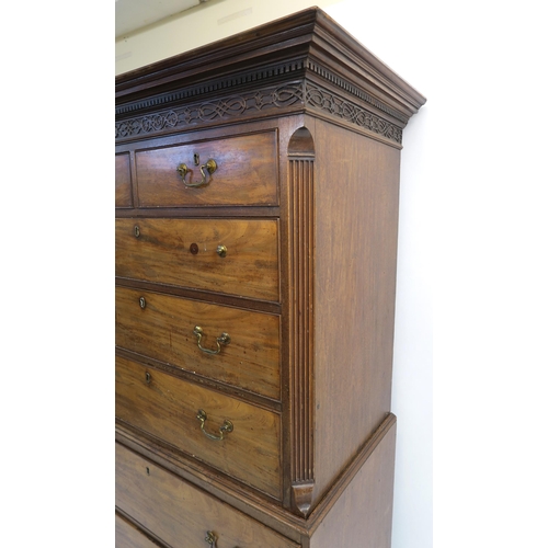 14 - A GEORGE III MAHOGANY SECRETAIRE CHEST ON CHEST the dentil cornice above blind fretwork frieze, two ... 