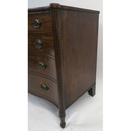 16 - A 19TH CENTURY MAHOGANY SERPENTINE CHEST with four graduating drawers, flanked by fluted columns and... 