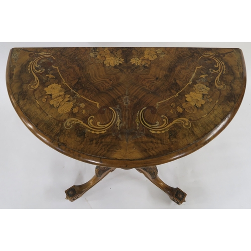 31 - A VICTORIAN BURR WALNUT AND MARQUETRY INLAID DEMI LUNE FOLD OVER CARD TABLE on turned supports above... 