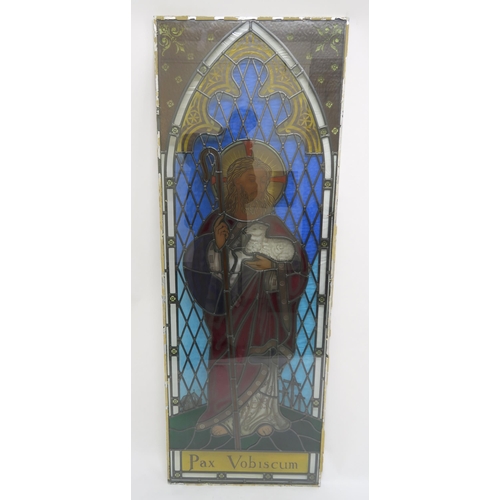 43 - A 20TH CENTURY LEADED STAINED GLASS CHURCH WINDOW DEPICTING JESUS CHRIST,with the words 