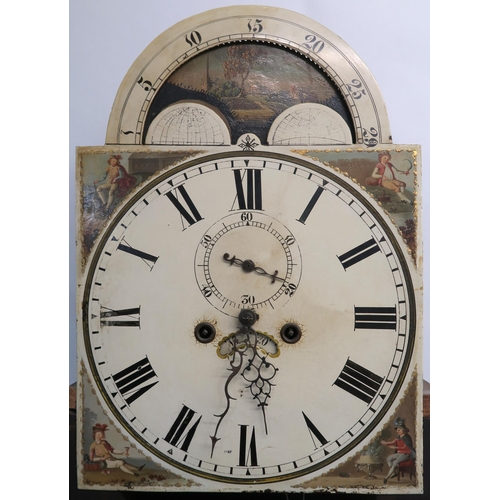 8 - A 19TH CENTURY OAK AND MAHOGANY CROSSBANDED LONGCASE CLOCK the painted dial with moon phase divided ... 