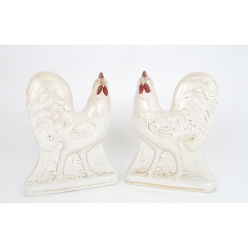 359 - A PAIR OF FIFE POTTERY COCKERELS with red combs and wattles and gilt detail, 30cm... 