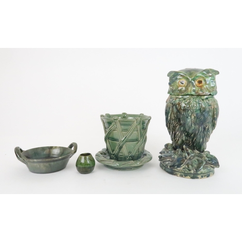 360 - A DUNMORE POTTERY OWL TOBACCO JAR with later replacement head, a grotesque toad spoon warmer, a brea... 