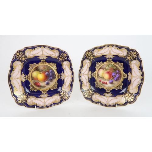 363 - TWO ROYAL WORCESTER SQUARE SHAPED CABINET PLATES DECORATED BY RICHARD SEBRIGHT one painted with appl... 