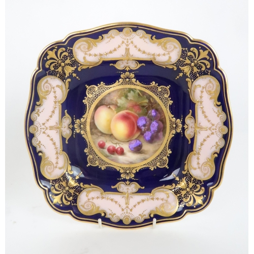 363 - TWO ROYAL WORCESTER SQUARE SHAPED CABINET PLATES DECORATED BY RICHARD SEBRIGHT one painted with appl... 