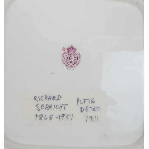 363 - TWO ROYAL WORCESTER SQUARE SHAPED CABINET PLATES DECORATED BY RICHARD SEBRIGHT one painted with appl... 