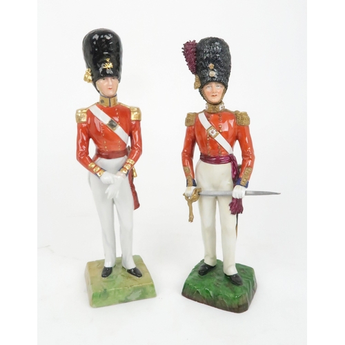 366 - A DRESDEN PORCELAIN FIGURE OF A SCOTS FUSILIER GUARDS OFFICER dress circa 1840, together with a Sitz... 