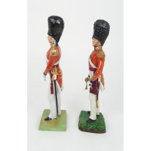 366 - A DRESDEN PORCELAIN FIGURE OF A SCOTS FUSILIER GUARDS OFFICER dress circa 1840, together with a Sitz... 