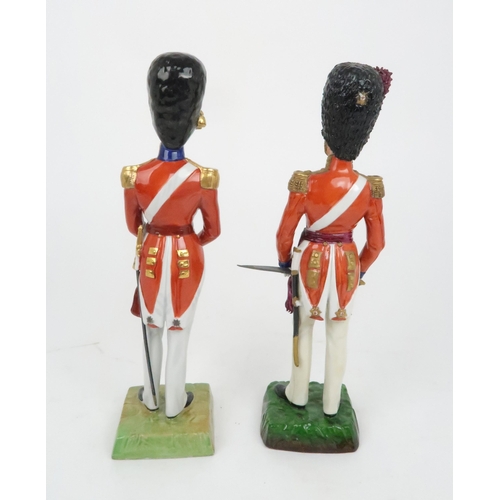 366 - A DRESDEN PORCELAIN FIGURE OF A SCOTS FUSILIER GUARDS OFFICER dress circa 1840, together with a Sitz... 