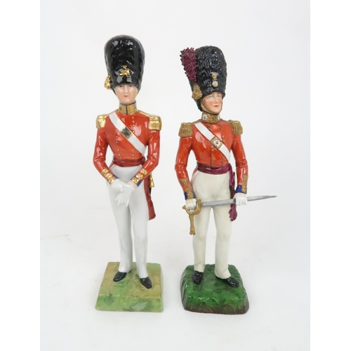 366 - A DRESDEN PORCELAIN FIGURE OF A SCOTS FUSILIER GUARDS OFFICER dress circa 1840, together with a Sitz... 