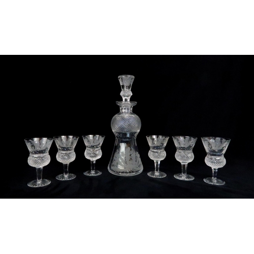 368 - A EDINBURGH CRYSTAL THISTLE SHAPED DECANTER AND SIX GLASSES each with etched thistle decoration, gla... 