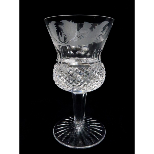 368 - A EDINBURGH CRYSTAL THISTLE SHAPED DECANTER AND SIX GLASSES each with etched thistle decoration, gla... 